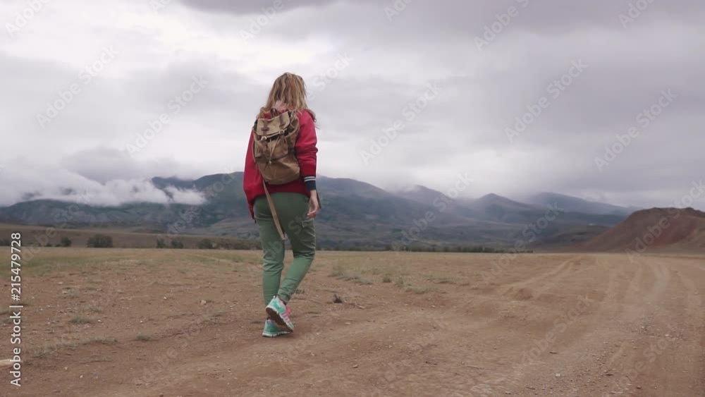 hiker walks the mountainous terrain in inclement weather. clouds below the mountain peaks. girl with a tourist on a hike. back view hiker walks the mountainous terrain in inclement weather. clouds below the mountain peaks. girl with a tourist on a hike. back view