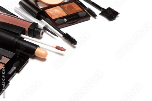 Products for natural make-up on white background with copy space
