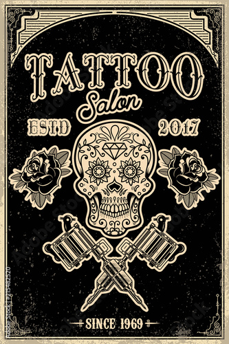 Tattoo studio poster template. Skull with crossed tattoo machines on grunge background. Design element for logo, label, emblem, sign, poster.