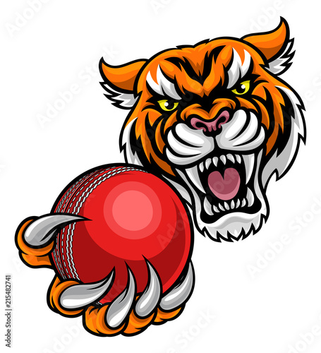 Tiger Holding Cricket Ball Mascot
