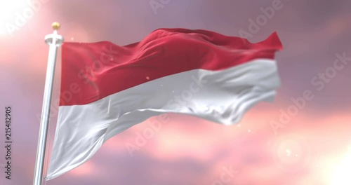 Flag of Monaco waving at wind in slow at sunset, loop photo