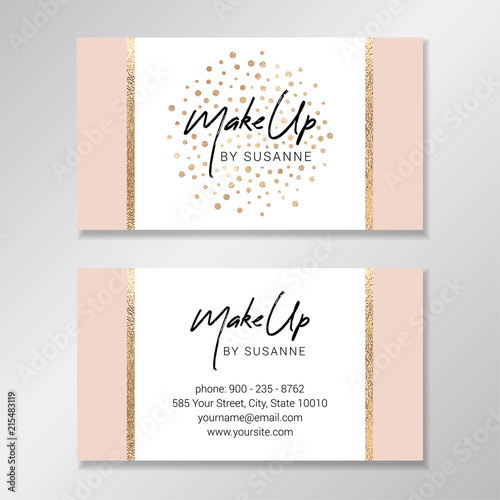 Vector modern business card. Business card design with white and pale pink geometric shapes and faux gold foil confetti.