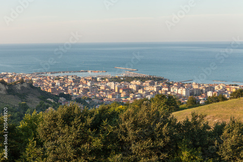 Panoramic view of San Benedetto del Tronto city in the sunset light. Holiday city situated on the Adriatic sea coast, Italy