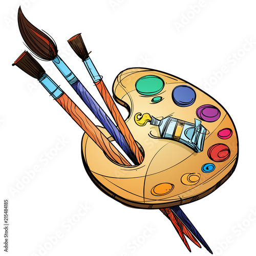 Artist's palette with paints and brushes.