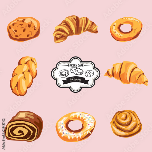 Set of baking croissant, bagel, strudel, cookies, cartoon style, vector, isolated