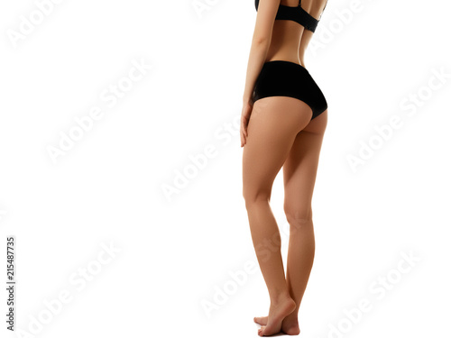 Beautiful Woman Body In Shape. Healthy Girl With Fit Slim Body, Soft Skin And Firm Buttocks, Hips In black Panties. Female With Sexy Back, Tight Big Butt In Underwear