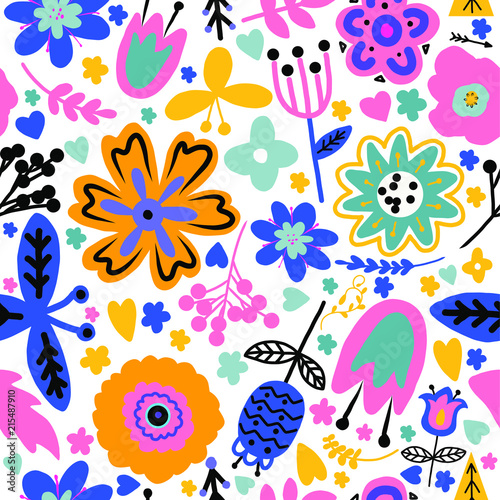 Hand drawn vector illustration colorful seamless pattern abstract flower on the white background for apparel, textile design, linens texture or decoration