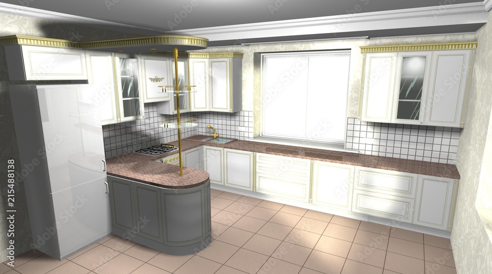 white kitchen in classic style 3D rendering interior design Stock Photo ...