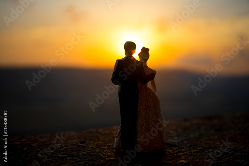silhouette of wedding Couple statue holding hand together during sunset with evening sky background. Wedding concept.