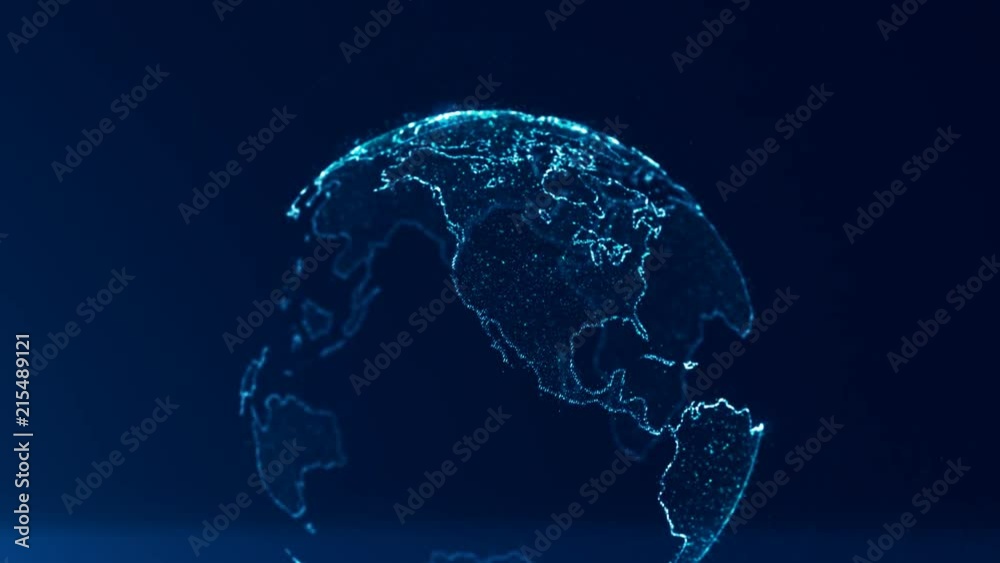 Global business strategy conceptual background, abstract Earth world map on dark blue background, animation