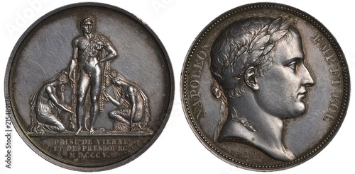 France French medal mid 19th century, subject Conquering Cities of Vienna and Pressburg (Bratislava) by Napoleon in 1805, two kneeling female figures holding keys, Napoleon as ancient hero in center, photo