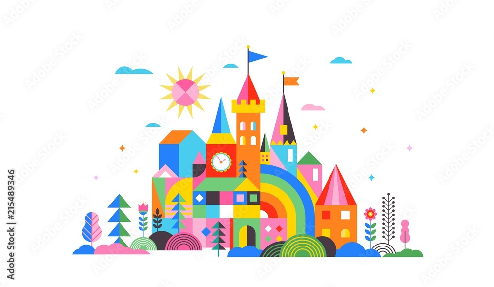 Geometric fairy tale kingdom, knight and princess castle, children room, class wall decoration. Colorful vector illustration