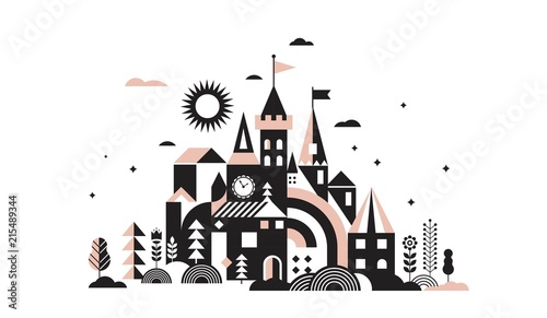 Geometric fairy tale kingdom, knight and princess castle, children room, class wall decoration. Colorful vector illustration photo