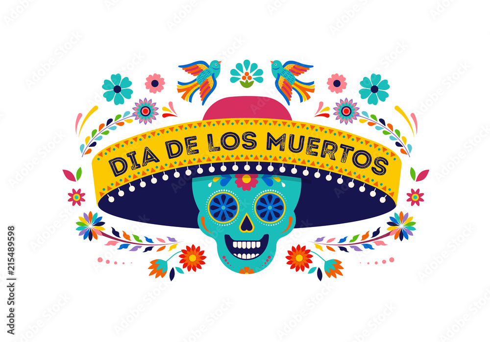 Fototapeta Day of the dead, Dia de los muertos background, banner and greeting card concept with sugar skull. Colorful vector illustration