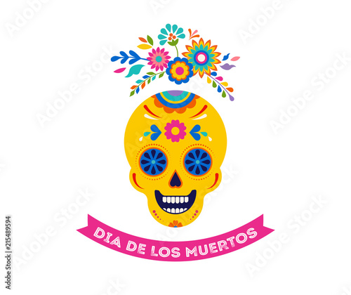 Day of the dead, Dia de los muertos background, banner and greeting card concept with sugar skull. Colorful vector illustration