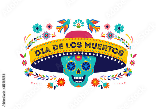 Day of the dead, Dia de los muertos background, banner and greeting card concept with sugar skull. Colorful vector illustration