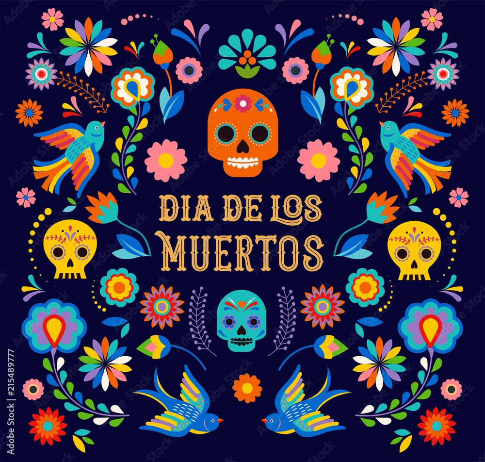 Day of the dead, Dia de los moertos, banner with colorful Mexican flowers. Fiesta, holiday poster, party flyer, greeting card