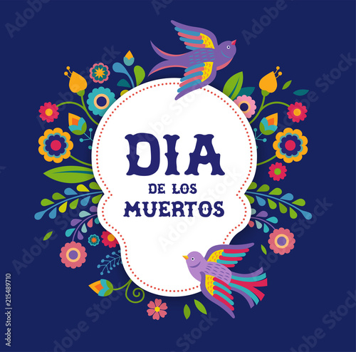 Day of the dead, Dia de los moertos, banner with colorful Mexican flowers. Fiesta, holiday poster, party flyer, greeting card