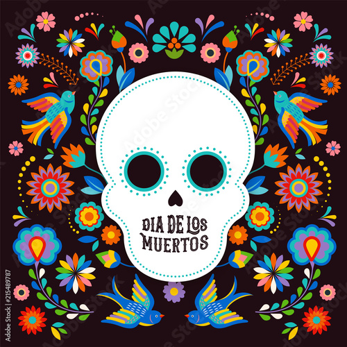 Day of the dead, Dia de los moertos, banner with colorful Mexican flowers. Fiesta, holiday poster, party flyer, greeting card
