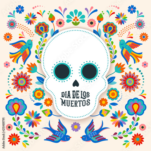 Day of the dead, Dia de los moertos, banner with colorful Mexican flowers. Fiesta, holiday poster, party flyer, greeting card