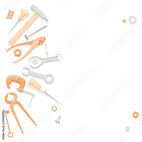 Illustration of household tools lying to the side with space for text.  Illustration of tools for a logotype. Handyman tools for a business card. Contents of a tool box for a master class flyer.