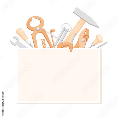 Illustration of household tools in a box with space for tex. llustration of tools for a logotype. Handyman tools for a business card. Contents of a tool box for a master class flyer.