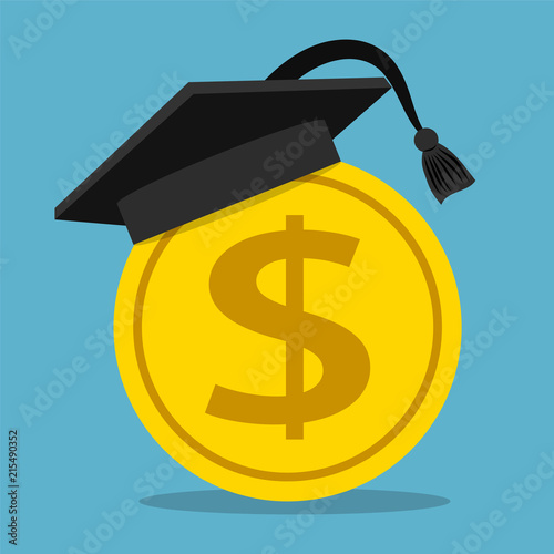 Education fee concept, ivestment in education, graduation cap and gold coin, stock vector illustration