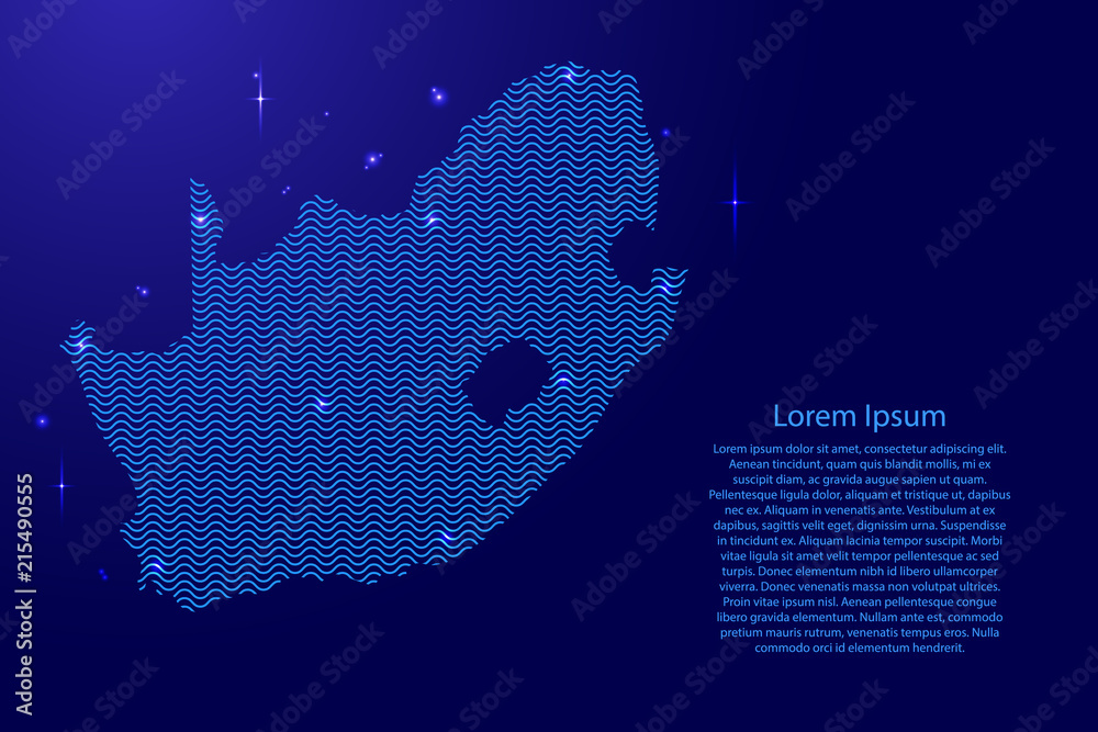 South Africa map country abstract silhouette from wavy blue space sinusoid lines and glowing stars. Contour state of creative luminescence curve. Vector illustration.