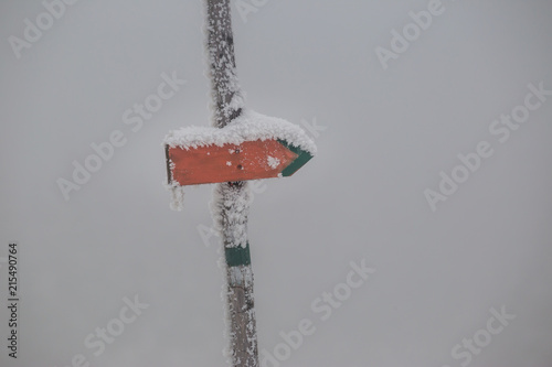 Fototapeta Naklejka Na Ścianę i Meble -  Zamarznięty znak szlaku górskiego