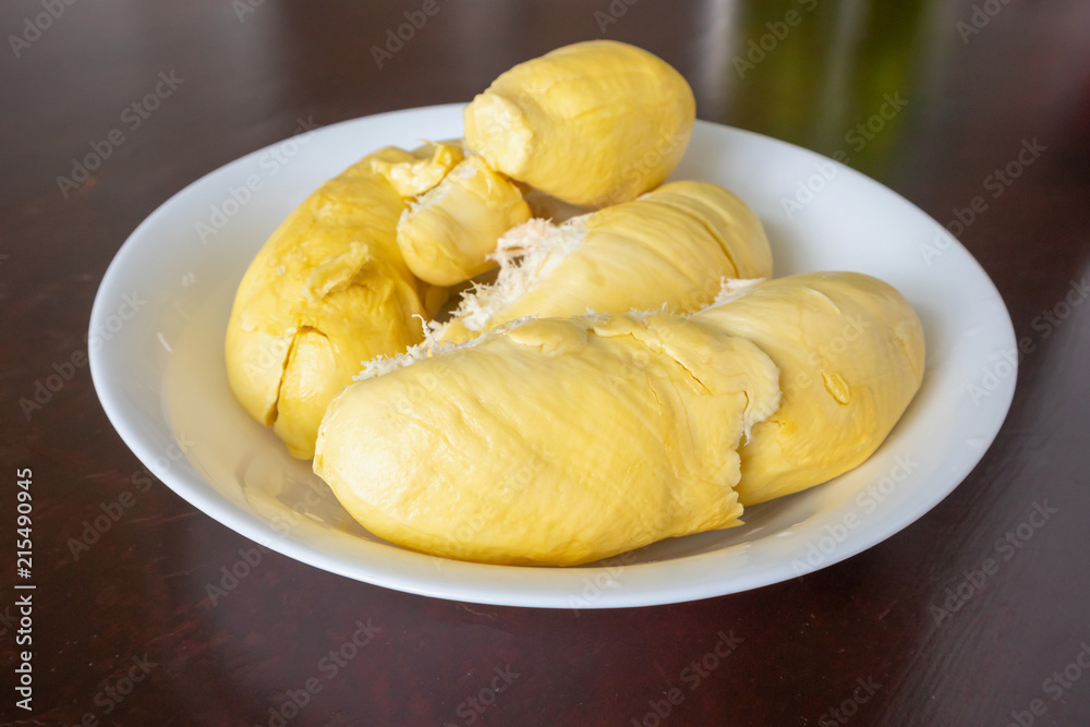 flesh yellow durian king of fruits on dish ready to eat