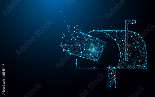 Mailbox with flying mail form lines, triangles and particle style design. Illustration vector