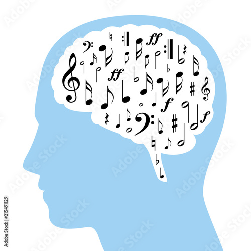 Fototapeta Naklejka Na Ścianę i Meble -  Musical notes in a white brain and blue silhouette of a head. Some symbols from musical notation, black colored, in a brain area. Isolated illustration on white background. Vector.