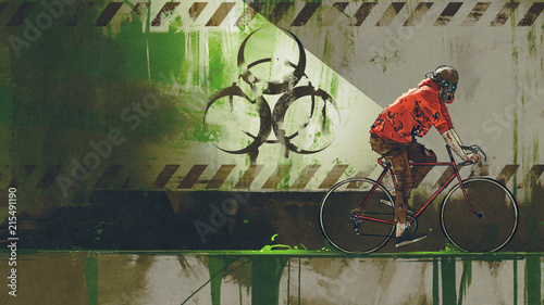 Fototapeta zombie z maską gazową, jazda na rowerze w strefie zagrożenia biologicznego, styl sztuki cyfrowej, malarstwo ilustracyjne
