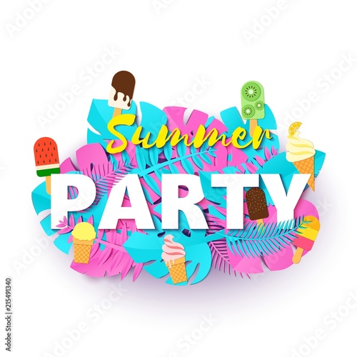 Word PARTY summer composition with creative pink blue jungle leaves ice creams on white background in paper cut style. Tropical leaf letters for design poster  banner  flyer T-shirt printing. Vector.