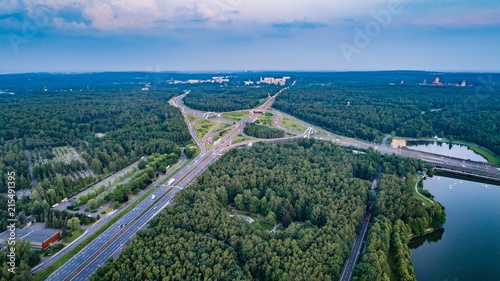 Aerial drone view on highway junction in Katowice.