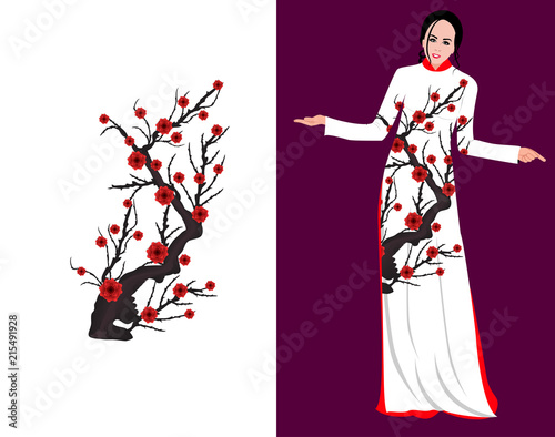 Vector Cherry blossom on long dress for happy chinese new year