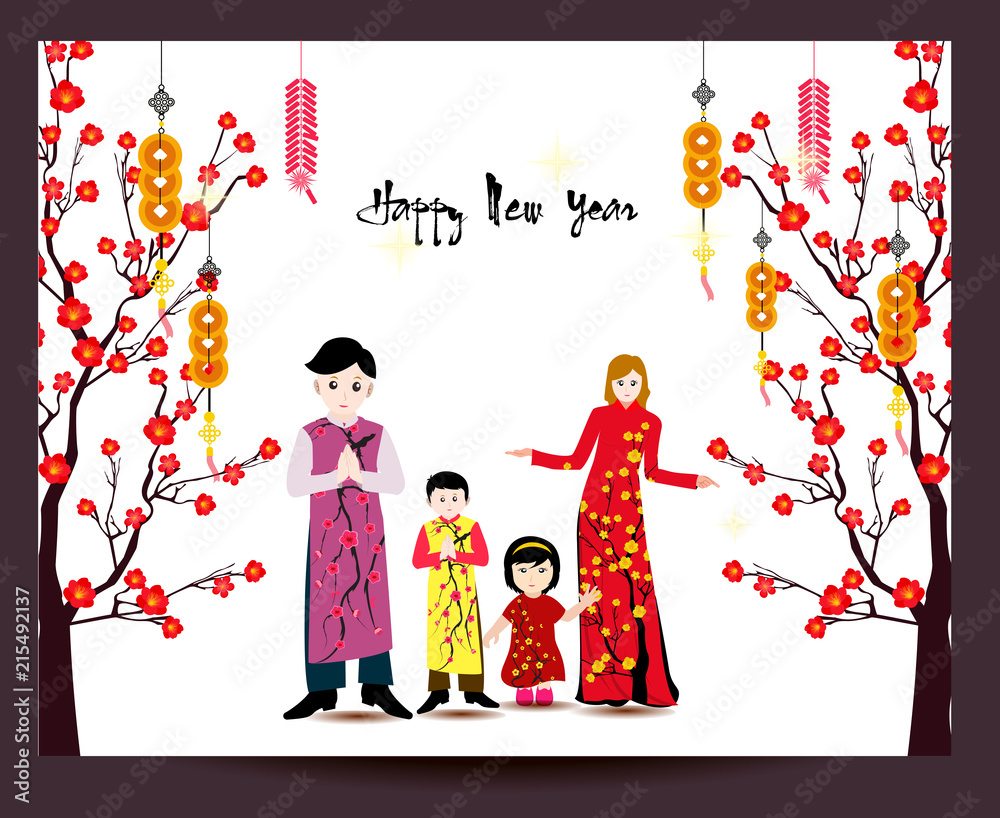 Obraz premium Happy Chinese New Year with happy family and long dress.