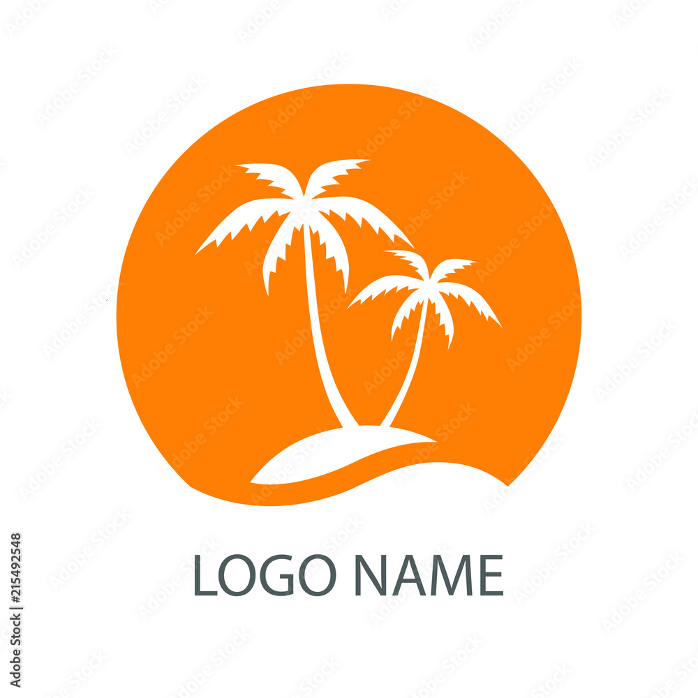Resort logo with sea and coconut palms view. Icon tropical island. Vector illustration. 