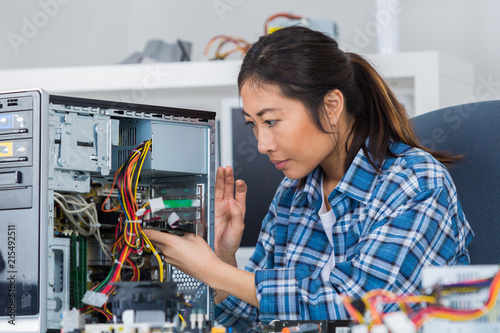 Wallpaper Mural smiling woman fixing computer on a white background Torontodigital.ca