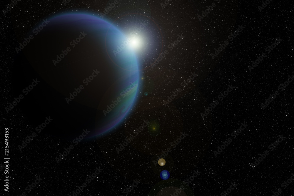 gas planet in outer space with lens flare