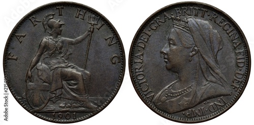 Tableau sur toile United Kingdom British coin 1 one farthing 1901, last year of reign, seating Bri