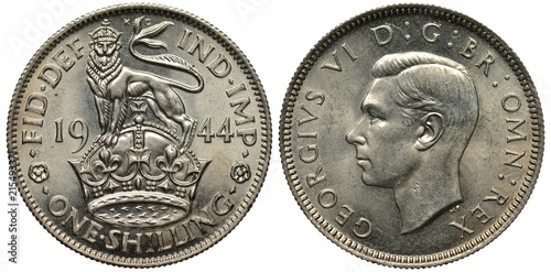 United Kingdom British coin 1 one shilling 1944, WWII issue, crowned lion standing on crown divides date, King George VI head left, English type, 