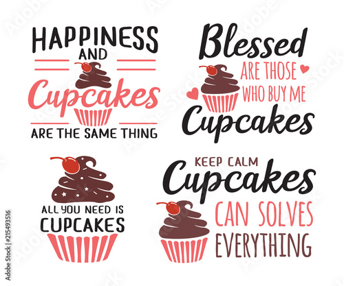 cupcakes baking funny quote saying vector design set