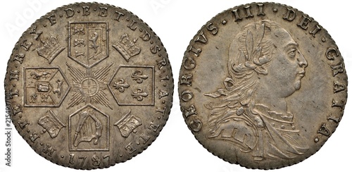 Great Britain British silver coin 6 six pence 1787, four crowned shields with lions, lily and harp in cross-like pattern, stylized sun in center, crowns between shields, bust of King George III right,