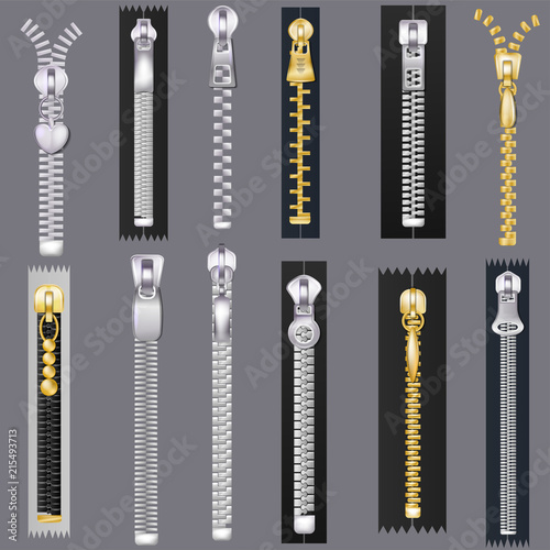 Zipper vector zip slide-fastener for clothing and closed metal fastener lock illustration set of unzip cloth accessory joining textile isolated on background