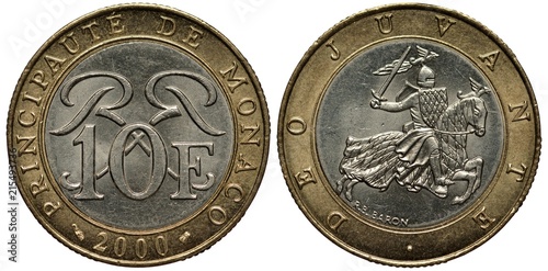 Wallpaper Mural Monaco Monegasque bimetallic coin 10 ten francs 2000, face value in front of monogram, knight with sword and shield on horse,  Torontodigital.ca