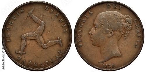 Canvastavla Isle of Man, Manx coin 1 one penny 1839, triskelion (triple leg), motto in Latin