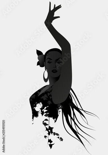 Silhouette of Spanish flamenco dancer isolated on white background