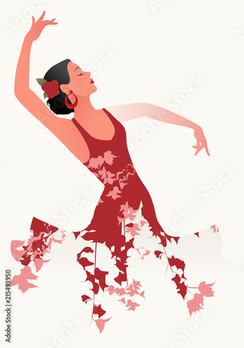 Beautiful Spanish flamenco dancer wearing flowery dress and flower in her hair