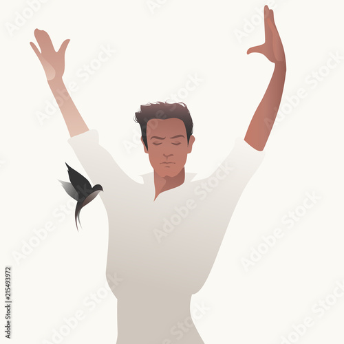 Spanish Flamenco dancer man and flying swallow on white background